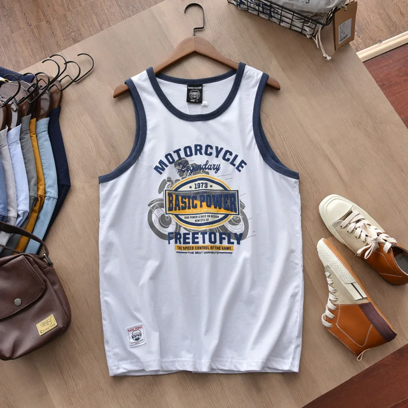 American Letter Print 100% Cotton Sleeveless Vest for Men Vintage Summer Casual Loose Versatile Camisole T-shirt Tees Tank Tops