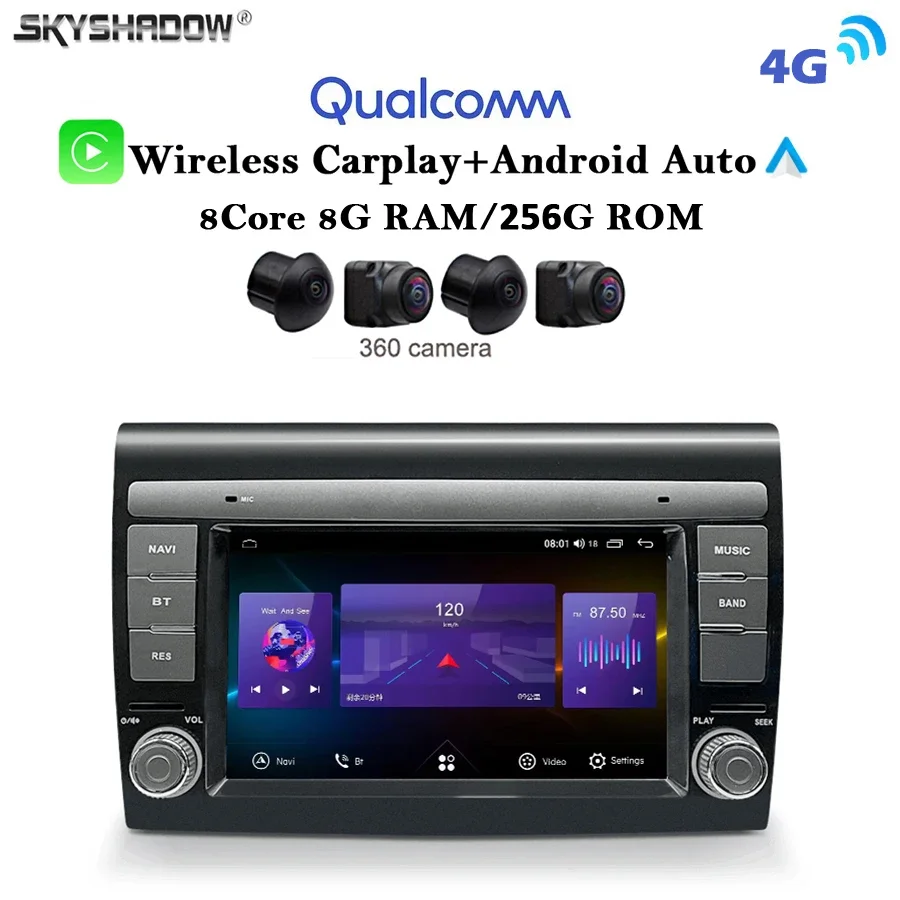 12G+256G Carplay Auto Android 13.0 4G LTE DSP IPS Car DVD Player GPS map WIFI Bluetooth 5.0 RDS Radio For Fiat BRAVO 2007- 2013