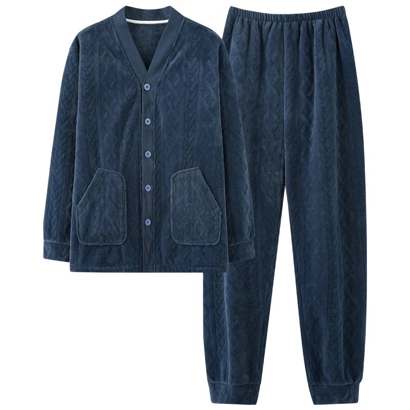 Coral Fleece V-Neck Kimono Pajamas Winter Men Pyjamas Set Thick Warm Flannel Male Sleepwear Home Clothing Cardigan Pajamas Suit