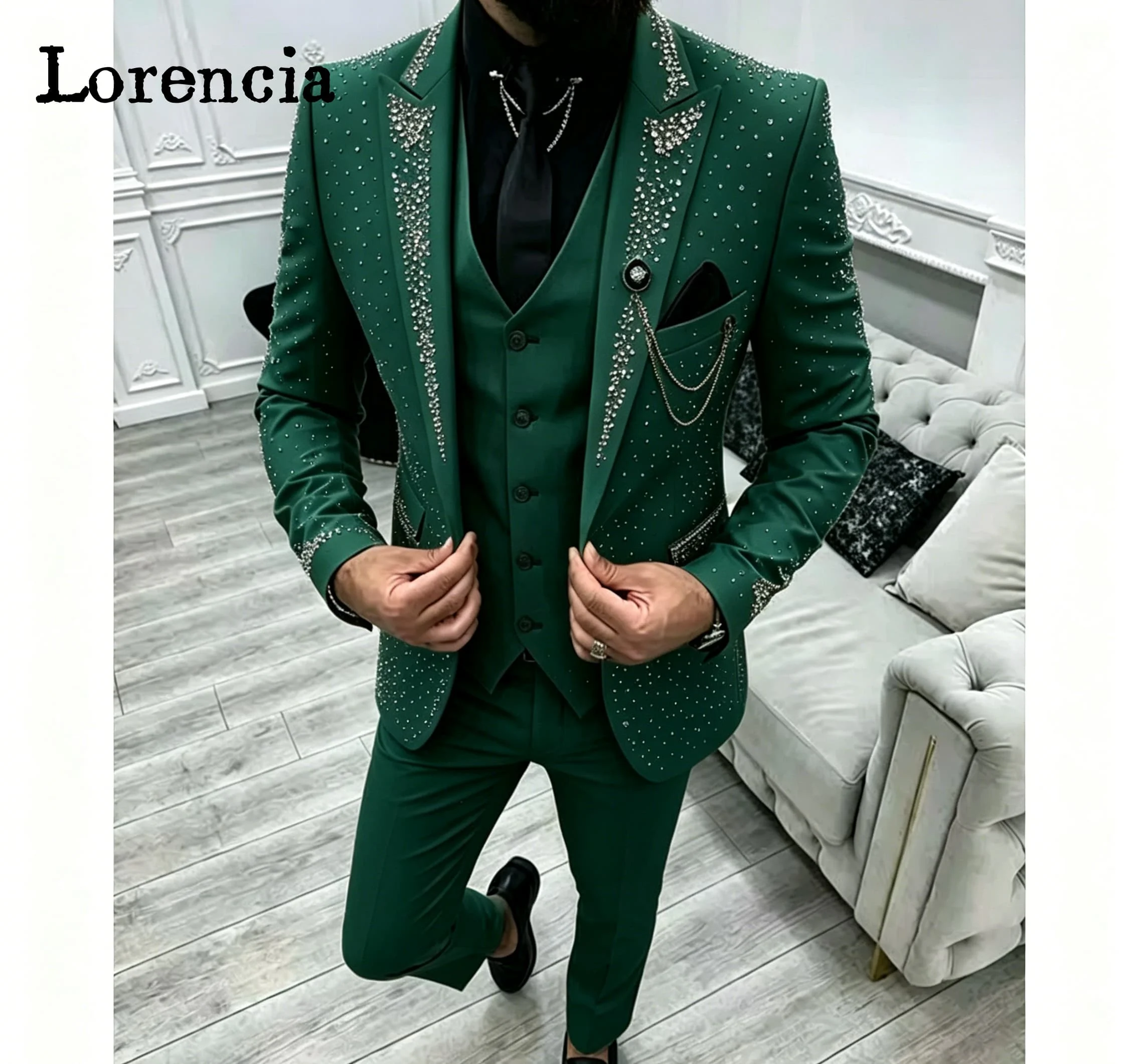

Luxury 3 Piece Formal Men's Suits Set Peak Lapel Blazer Vest And Pants Elegant Business Evening Wedding Party Wear Customized