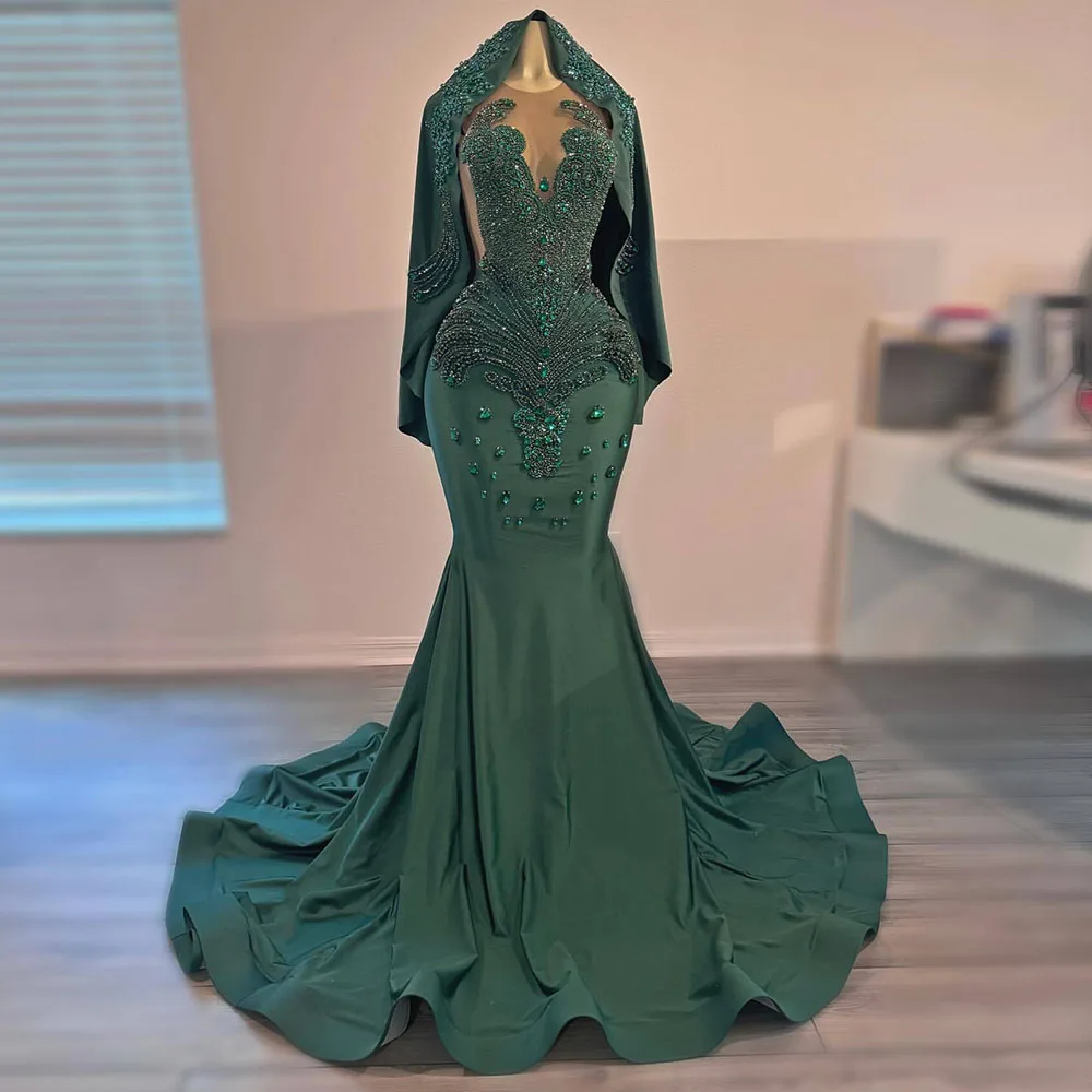 Dark Green Crystal Mermaid Prom Dresses 2025 Rhinestone Party Gowns Satin Long Homecoming Dress Vestidos De Gala Customized