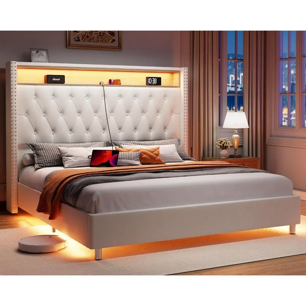 

Queen/King Size Bed Frame with Charging Station Upholstered Frame with Headboard Motion Activated Night Light Bed,Cream/Black