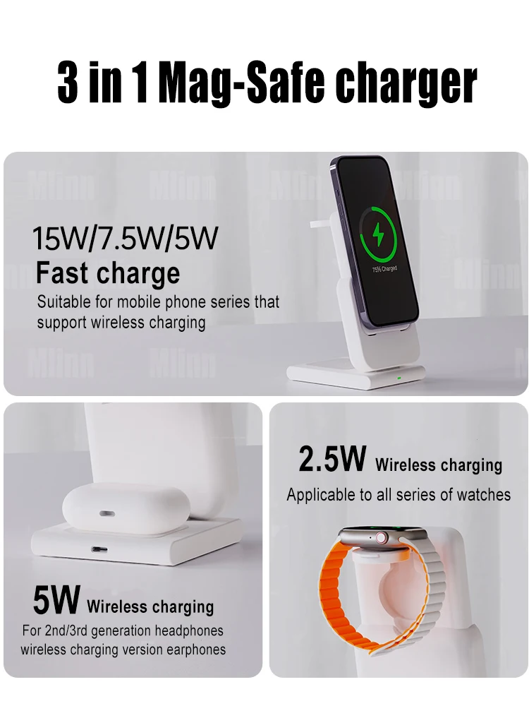 3 in 1 MacSafe External Auxiliary Battery 5000mAh Magnetic Power Bank Wireless Charging Station For iPhone 14~12 Apple Watch S8