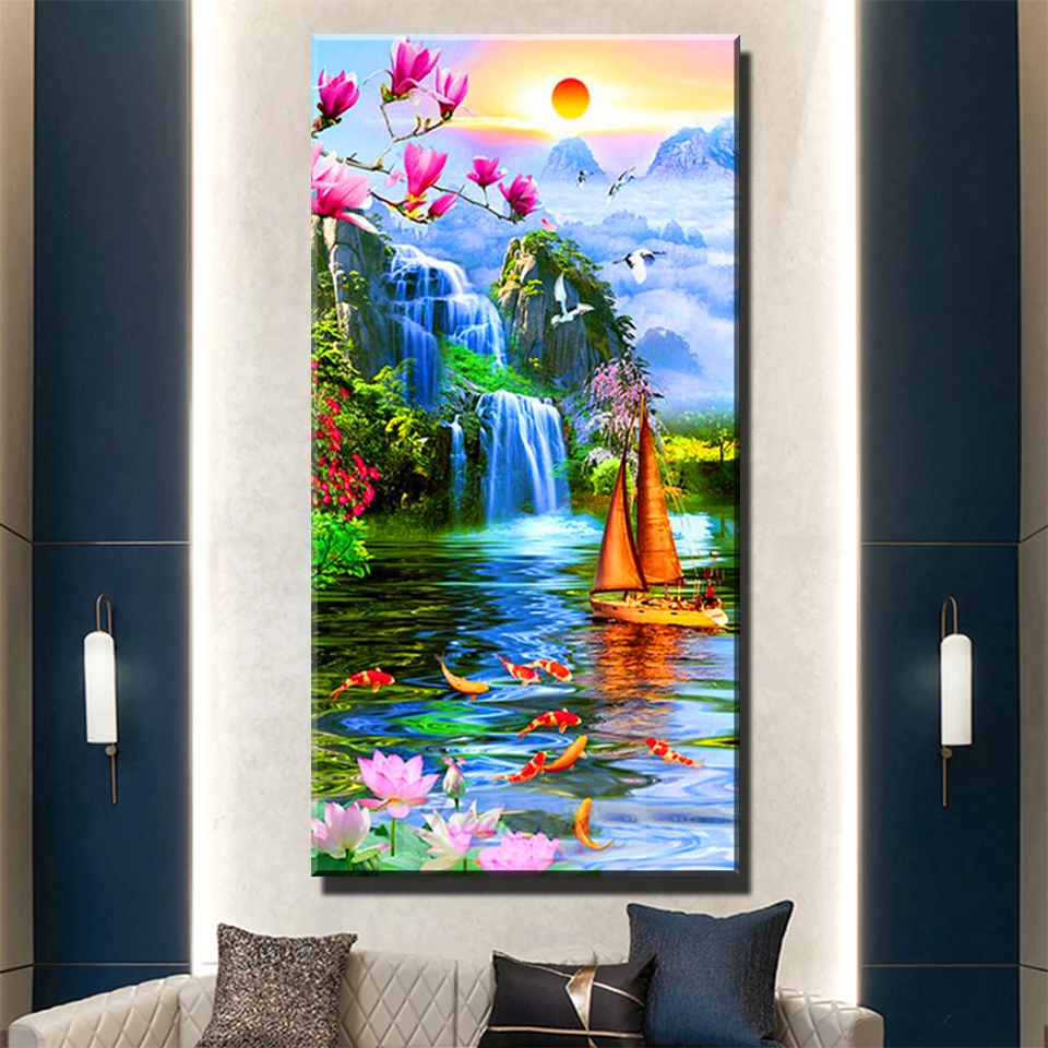 DIY Diamond Embroidery, Waterfall Boat, Koi Fly, 5D Full Diamond Painting, Cross Stitch Mosaic, Sunrise Magnolia Flowers, Large