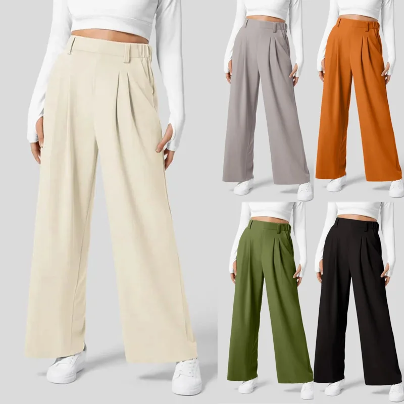 Women Suits Pants High Waist Draped Solid Color Wide Leg Pants Office Lady Business Elastic Palazzo Casual Straight Trousers