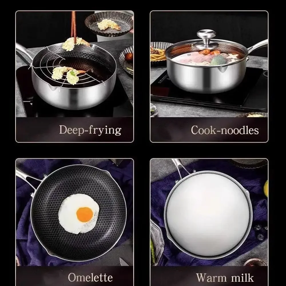 Utensilios de cocina, sartén para freidora de estilo japonés, olla para freidora versátil de acero inoxidable, plateada con tapa