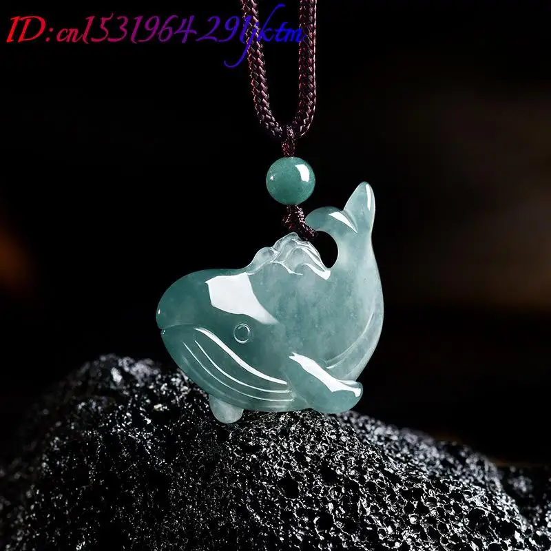 Natural Burmese Jadeite Whale Pendant Necklace Accessories Real Jade Charm Carved Amulet Jewelry Gemstone Gifts for Women view 3
