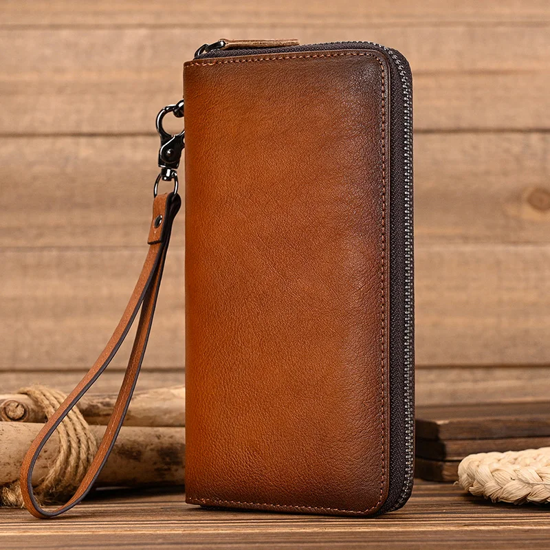 Crazy Horse Leather Long Wallet For Man Card Holder Big Zip Around Genuine Leather Cell Phone Clutch Purse mens Business Wallet