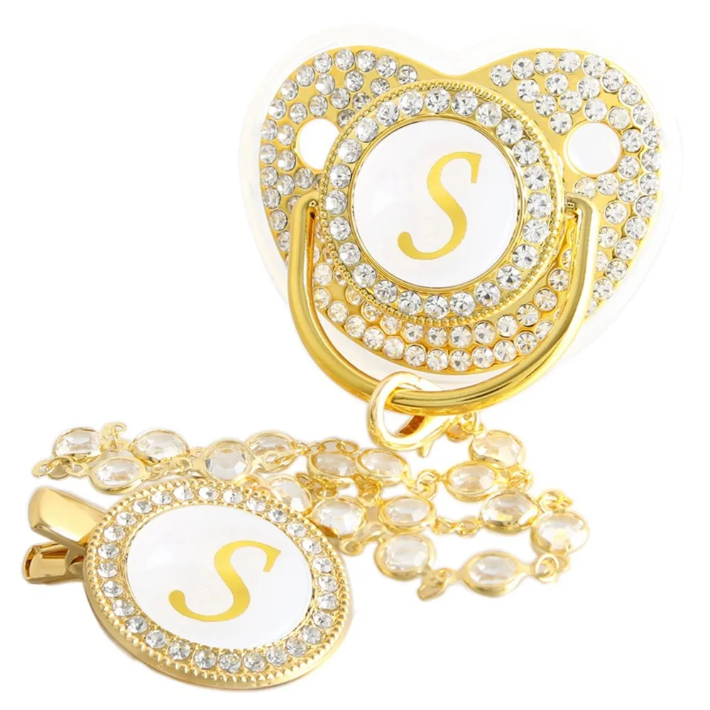 Goldener Baby-Schnuller mit 26 Anfangsbuchstaben und Diamantkettenclip