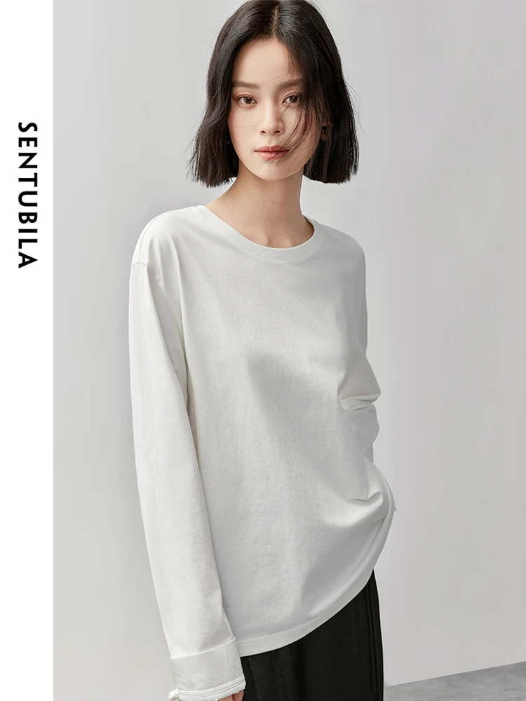 SENTUBILA Casual Jacquard Cotton White T-shirt for Women 2024 Autumn Loose Solid O Neck Long Sleeve Simple Women Tees 143T55680