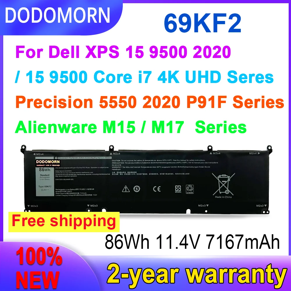 DODOMORN 100% جديد 69KF2 86WH بطارية عالية الجودة لديل M15 M17 R3 XPS 15 9500 G7 7500 الدقة 5550 P100F P45E P91F P87F00