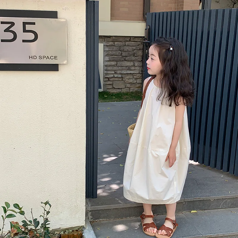 Модный нишевый дизайн, жилет с чувством темперамента, длинные детские однотонные платья без рукавов с разрезом в виде кокона