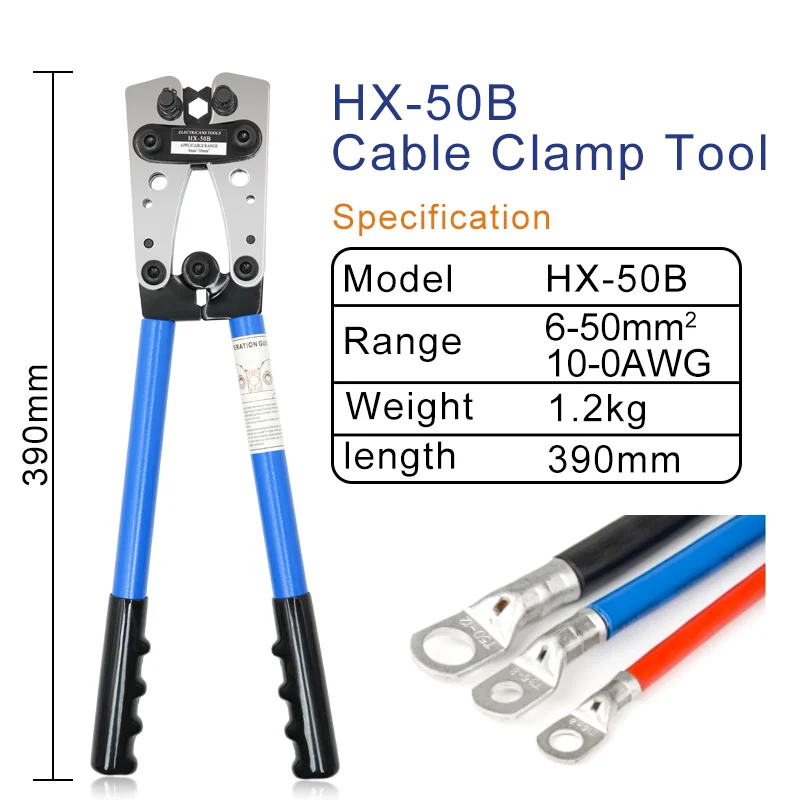 HX-50B Cable Lug Crimping Pliers for Heavy Duty 6-50mm² Wire Lugs, Terminal, Copper Lugs AWG 10/0 Professinal Electrician Tools