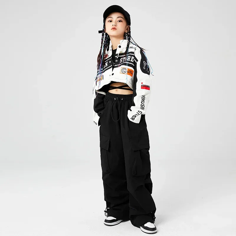 Bambini Kpop Hip Hop che mostrano abbigliamento Cappotto da baseball per moto Pantaloni cargo neri per ragazza Ragazzo Jazz Kpop Costume da ballo Abbigliamento