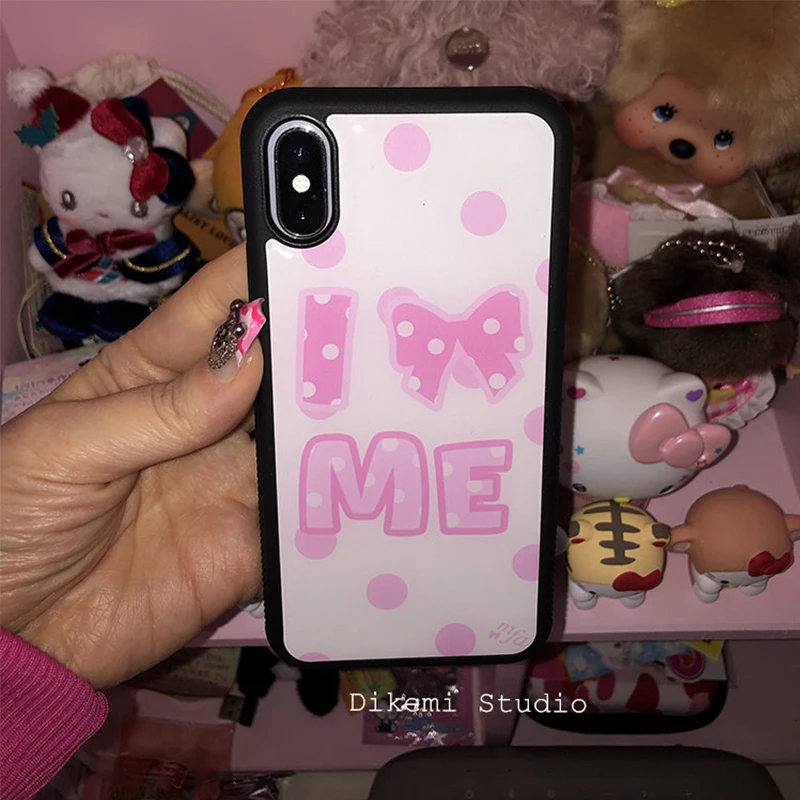 Funda de teléfono coreana rosa con lunares, lazo y borde negro con pegamento, para iPhone 17 Air 16 Pro Max 15 14 Plus 13 12 11, cubierta trasera