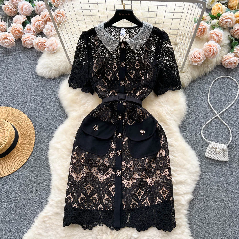 

Hollow Out Crochet Black Lace Dress for Women Party Mini Vestidos De Fiesta Summer Runway Designer Embroidery Robes N858