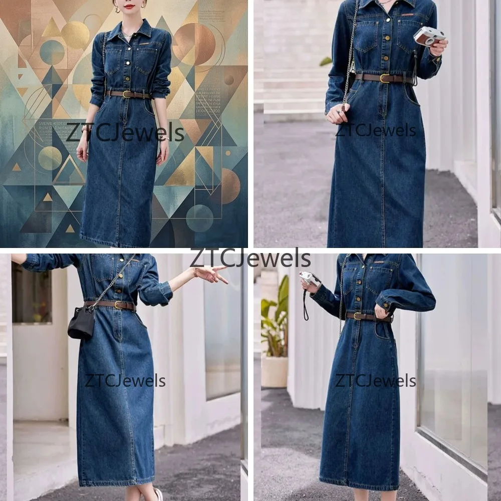 

Korean Vintage Denim Cosplay Dress Women Long Sleeve A Line Slim Fit Shirt Dress with Belt and Side Split