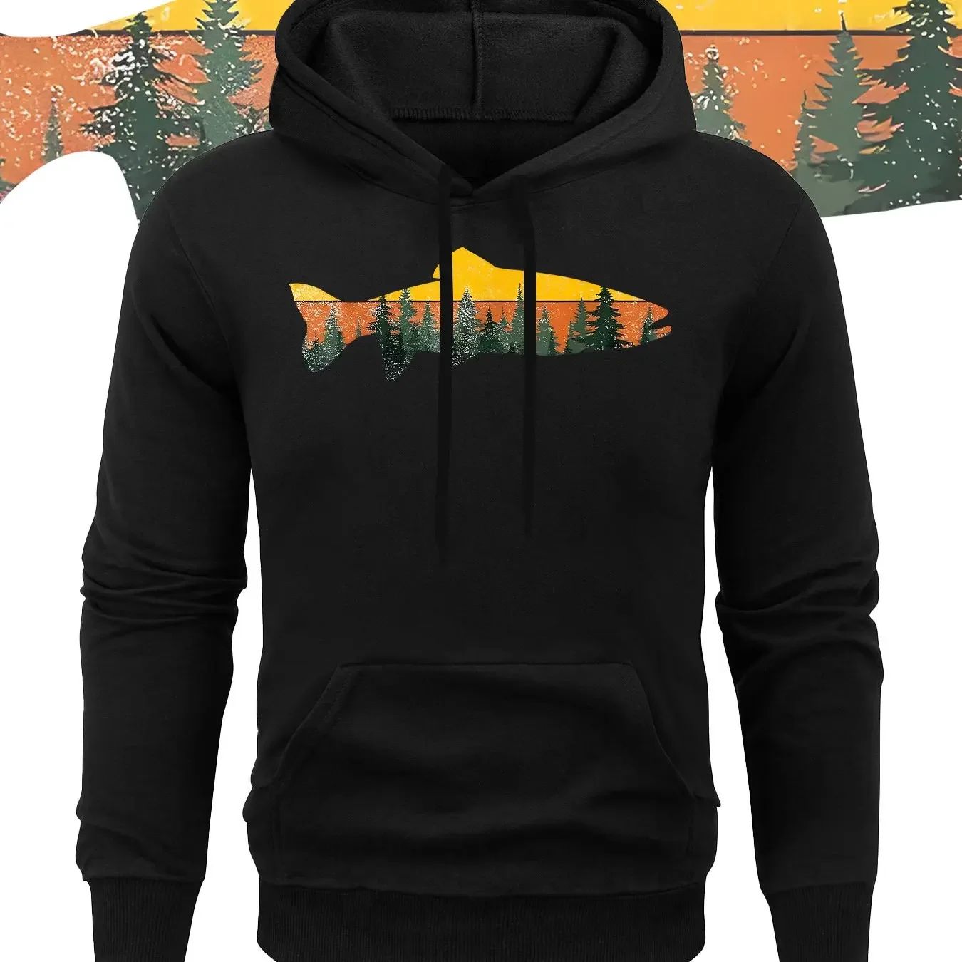 Vintage Sunset Forest Trout Fish Silhouette Front Print Hoodie Men Oversized Loose Pullover Fishing Outdoor Nature Sweatshirt