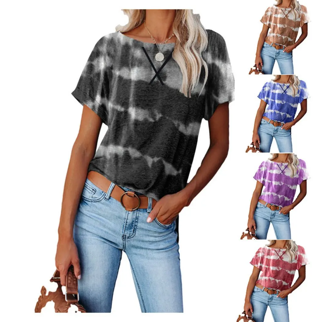 

plus Size Women's Tie-Dye Striped Short-Sleeved T-Shirt Loose Fit Casual Fashion European American Style Top for Summer