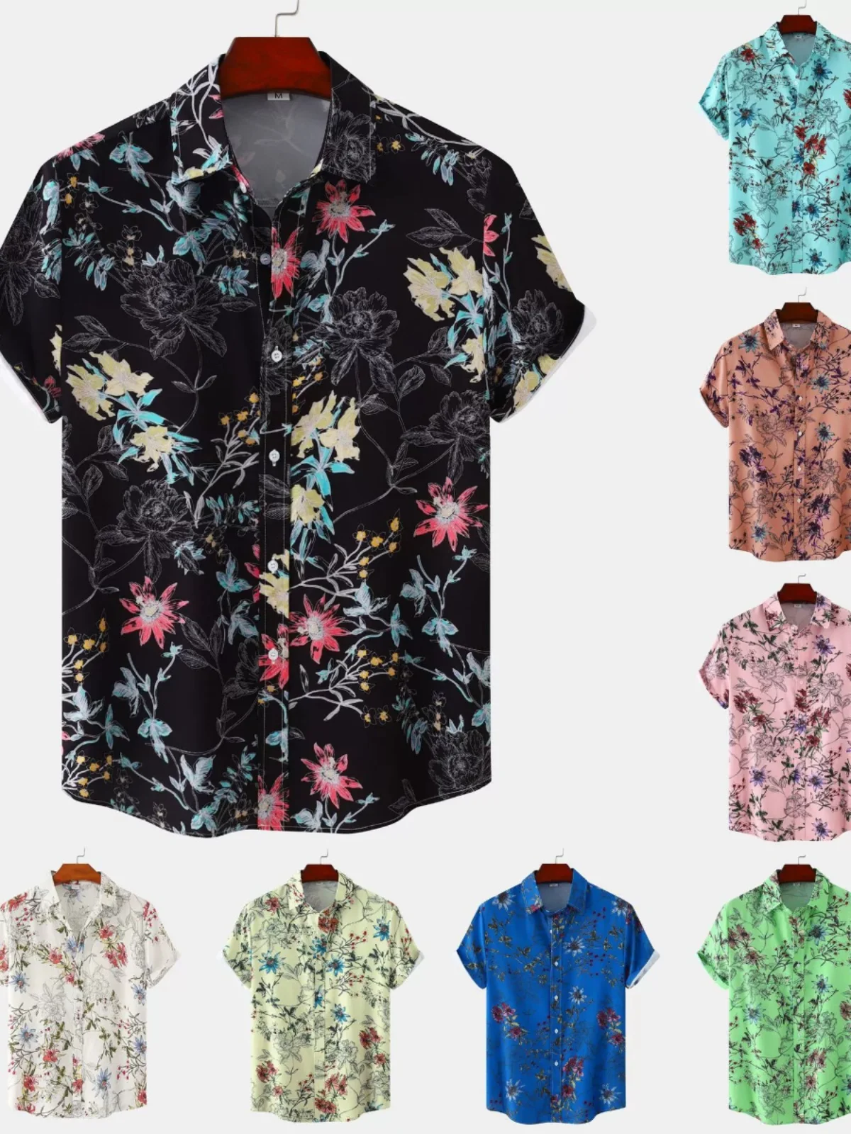 

Summer Floral Casual Short Sleeve Shirt Youth Loose Fit Breathable Moisture Wicking Thin Fabric Trendy Menswear Collared Shirt
