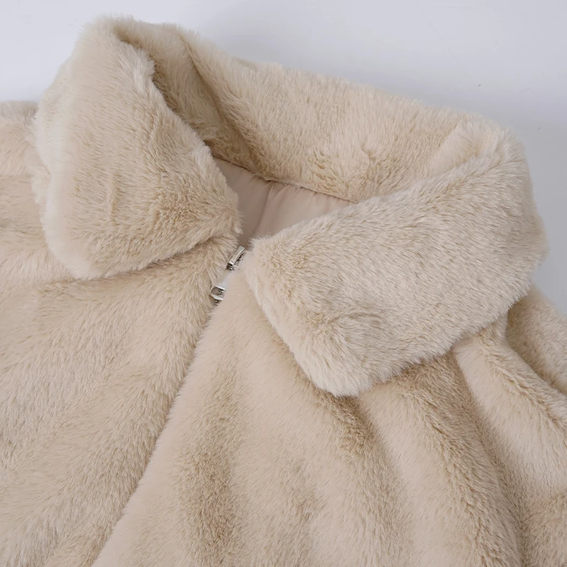 Winter Nieuwe Mode Nepbontjas Voor Vrouwen Lange Mouw Kraagvorm Losse Rits Warm Pluche Uitloper Bont Beige Jas Vrouwelijke