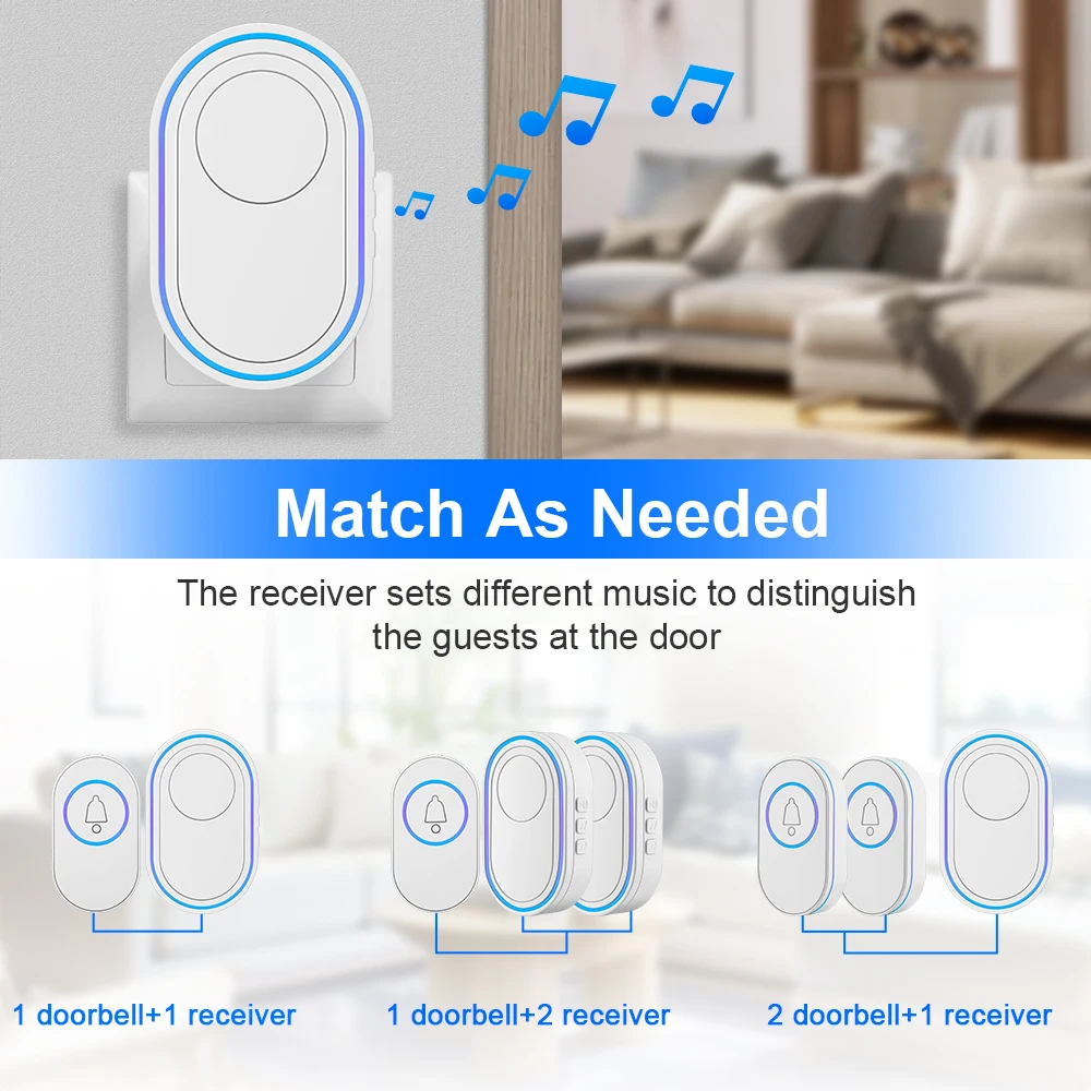 Wireless Doorbell 39 Music LED Flash Security Alarm Outdoor IP65 Waterproof Smart Home Intelligent Door Bell Chime Kit