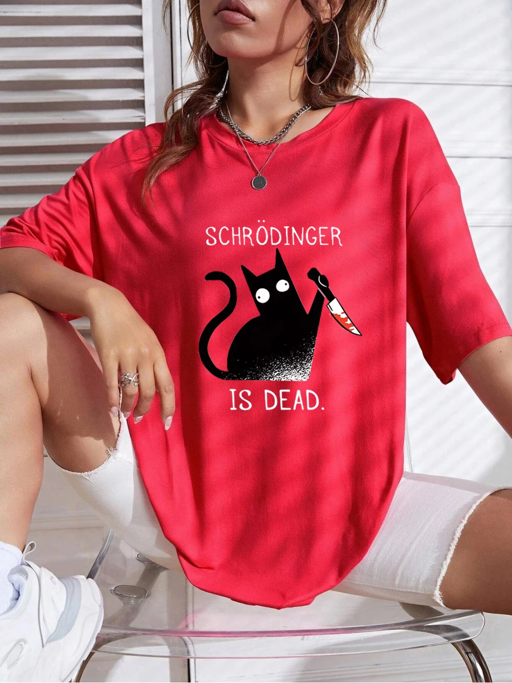 Schrodinger Is Dead Black Cat Fashion Soft T-Shirt Women High Quality T-Shirts Oversized T Shirts Cotton Short Sleeve Street Top