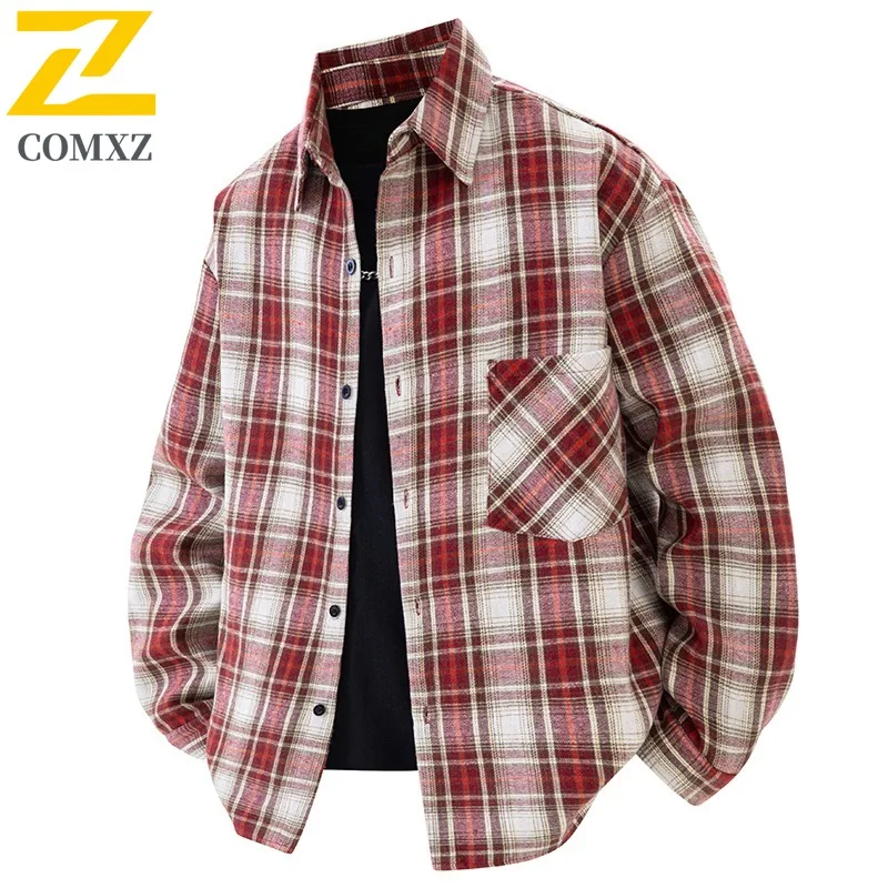

COMXZ Autumn New Jacket Hong Kong Trendy Retro Loose Casual Plaid Shirt Vintage Color Block Men Fall New Casual Long Sleeve Top