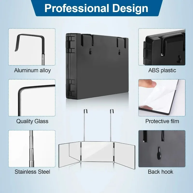 กระจกสามชั้นแบบพกพาสีดํา 360 พร้อมตะขอยืดไสลด์ปรับความสูงได้ เหมาะสําหรับการตัดผม การแต่งหน้าที่จําเป็น ราคาไม่แพง