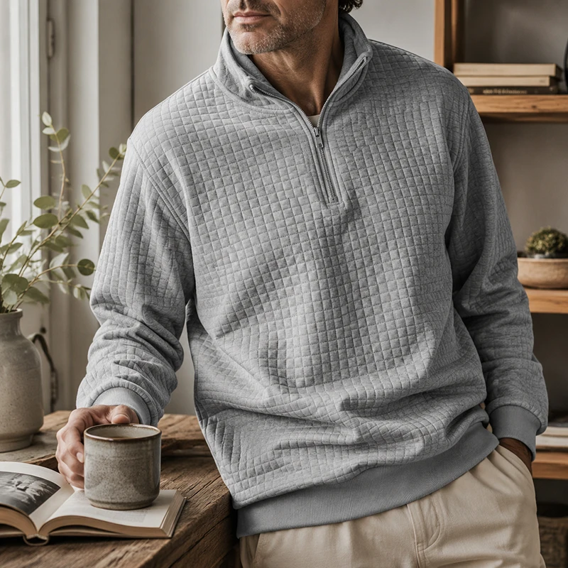Men Waffle Bubble Stand Collar Half Zip Long Sleeve Sweatshirt Kangaroo Pocket Loose Fit Spring Autumn Soft Casual Pullover Tops