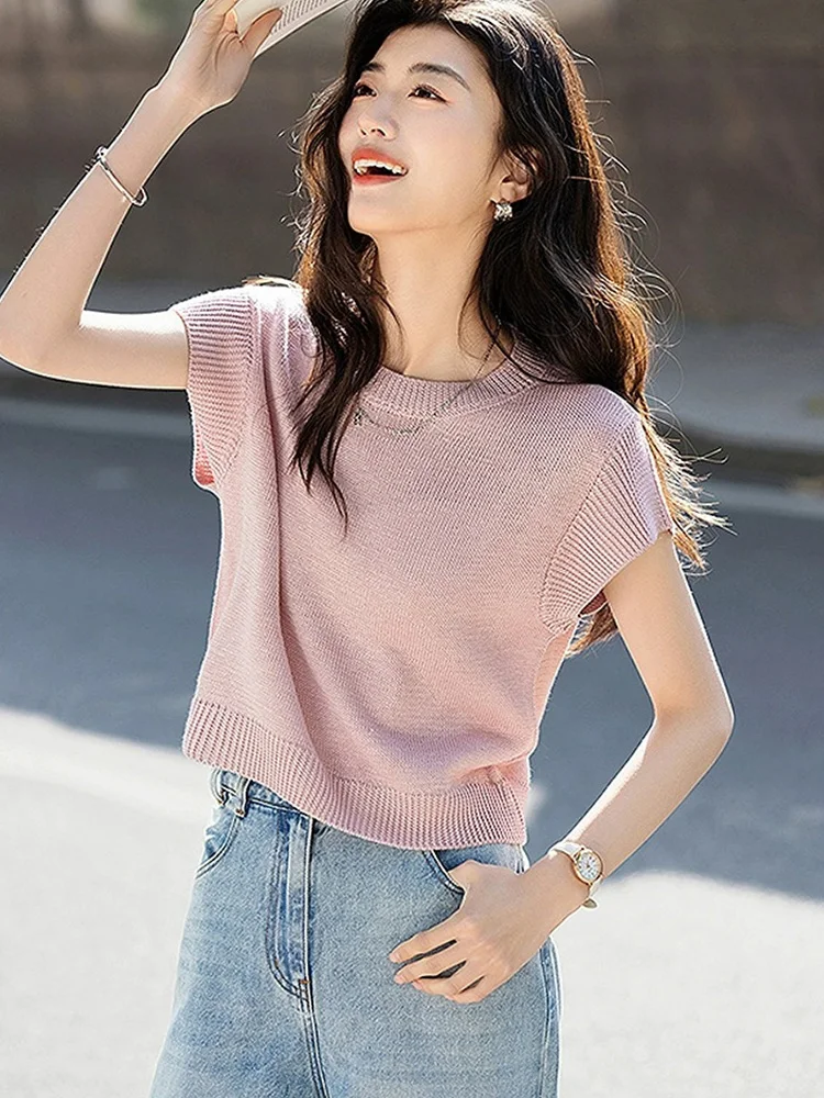 Modny, słodki top z dzianiny z jedwabiu lodowego, koreański styl, swobodny, okrągły dekolt, odzież damska, wyszczuplający, prosty krój, ort Sve