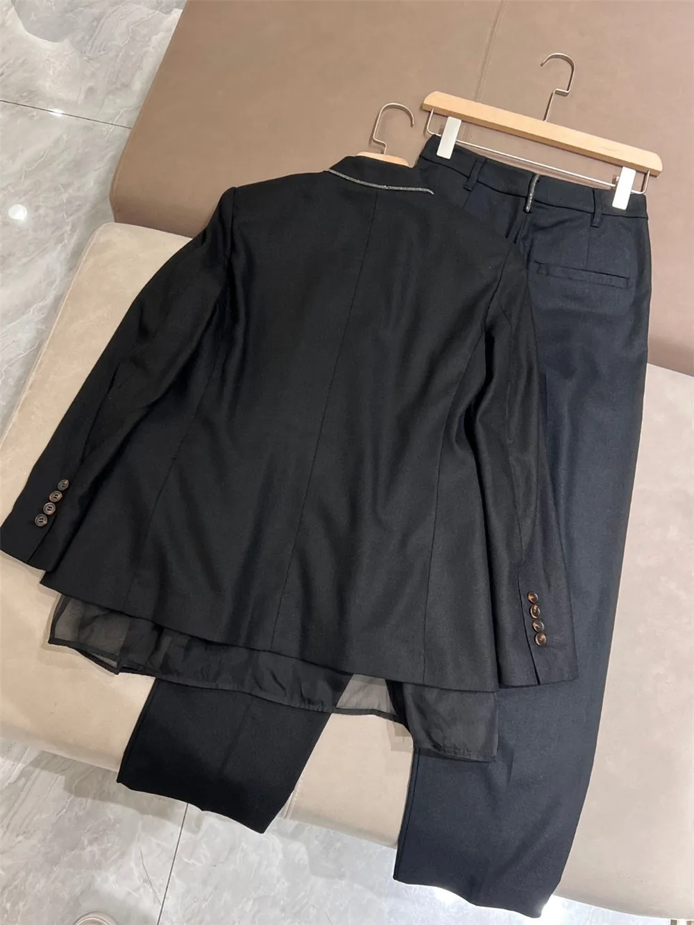 High Quality Linen Black Suit Suit Blazer Jacket + High Waist Wide Leg Trousers 2 Piece Set  spring Qutumn New