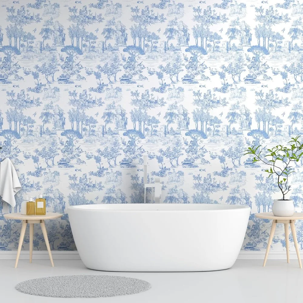 ورق جدران تويلي باللونين الأزرق والأبيض مقاس 17.7 × 590، ورق اتصال مستوحى من الفرنسية العتيقة، نمط جوي التقليدي
