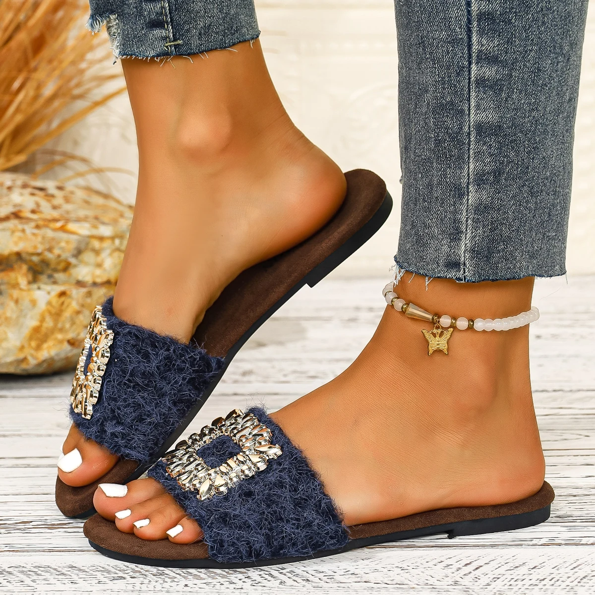 النساء النعال الصيف في الهواء الطلق الصنادل المسطحة الماس مزين الأحذية المنسوجة حجم كبير مريحة الانزلاق على النعال الشرائح النساء #5