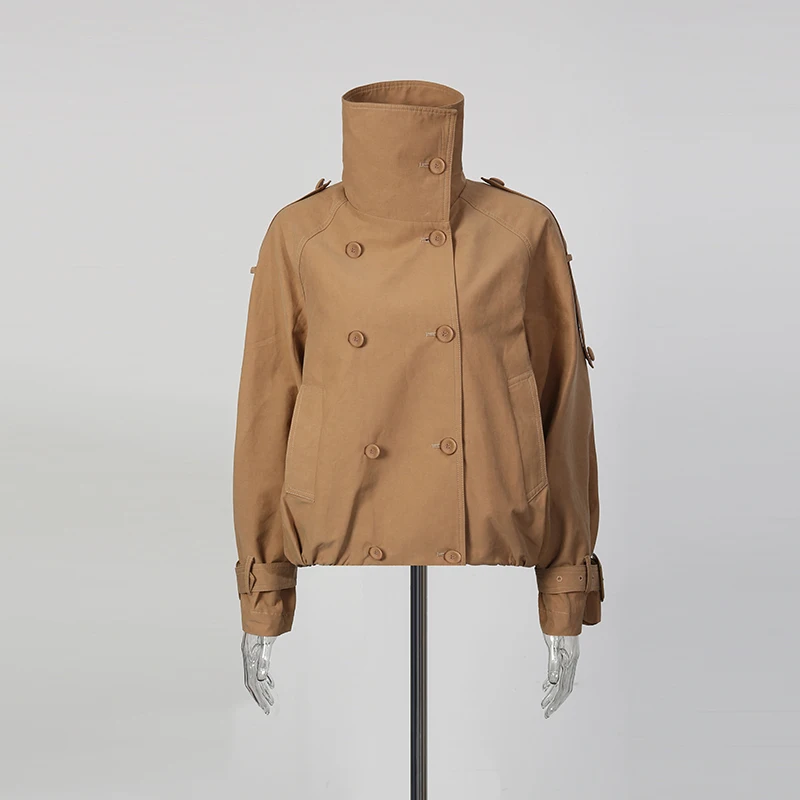 TWOTWINSTYLE Khakl Gesplitst Double Breasted Jas Vrouwelijke Coltrui Lange Mouw Streetwear vrouwen Jassen Herfst Mode Nieuwe