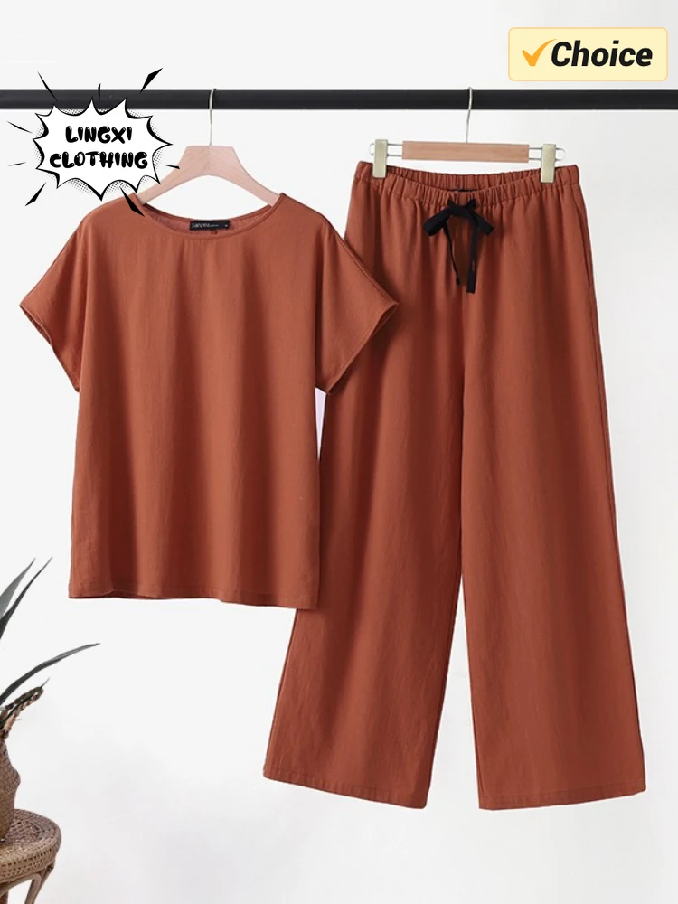 2024 New Matching Collection Women\'s Clothing Set Fashion Cotton Hemp Short Sleeve Shirt High Waist Wide Leg Pants Two Piece Set