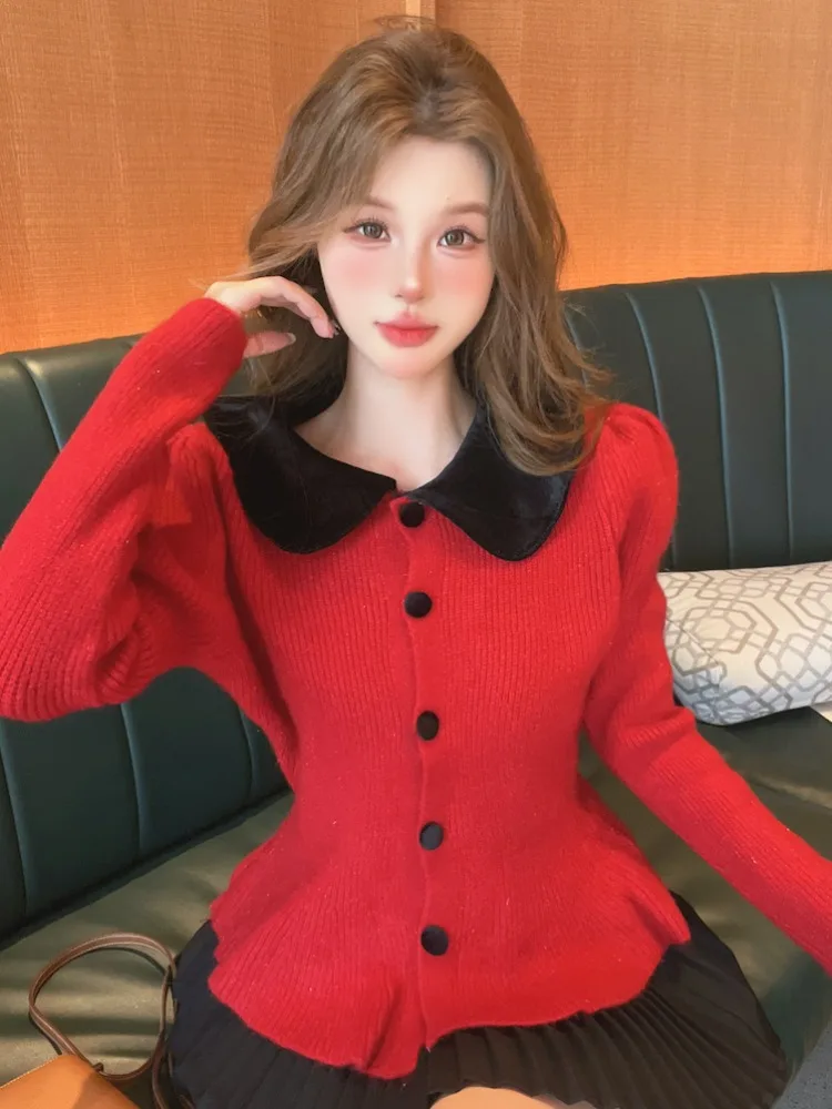 

Korean Style Long Sleeve Knitted Short Coat Women's Autumn Winter Outerwear Anti-Aging Beautiful Top Tea Red Trendy Outfit