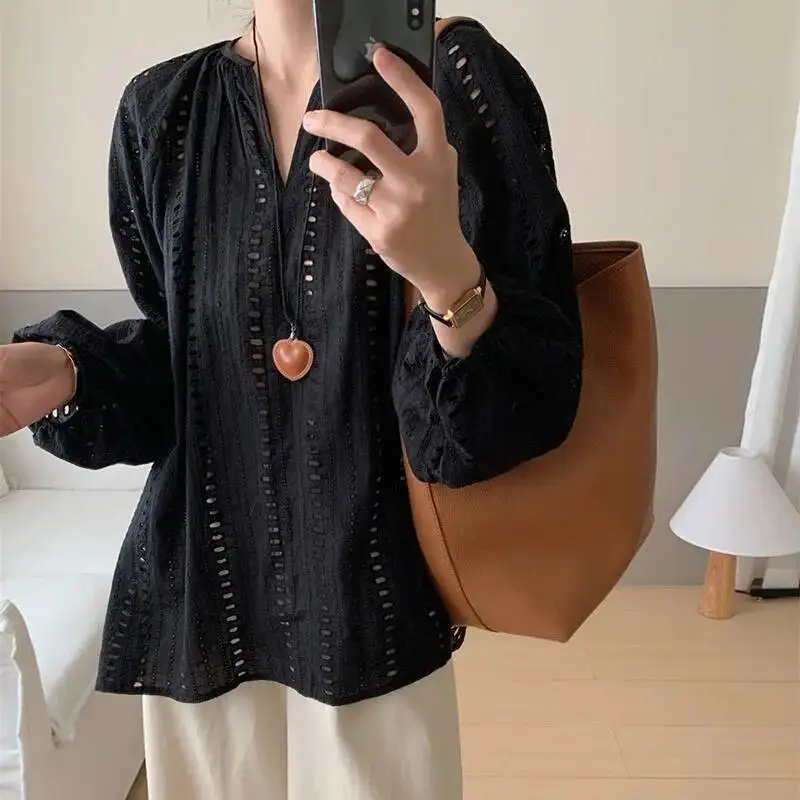 

Lucyever винтажные блузки с v-образным вырезом женские универсальные свободные рубашки с длинными рукавами женские повседневные черные, белые рубашки в стиле искусства