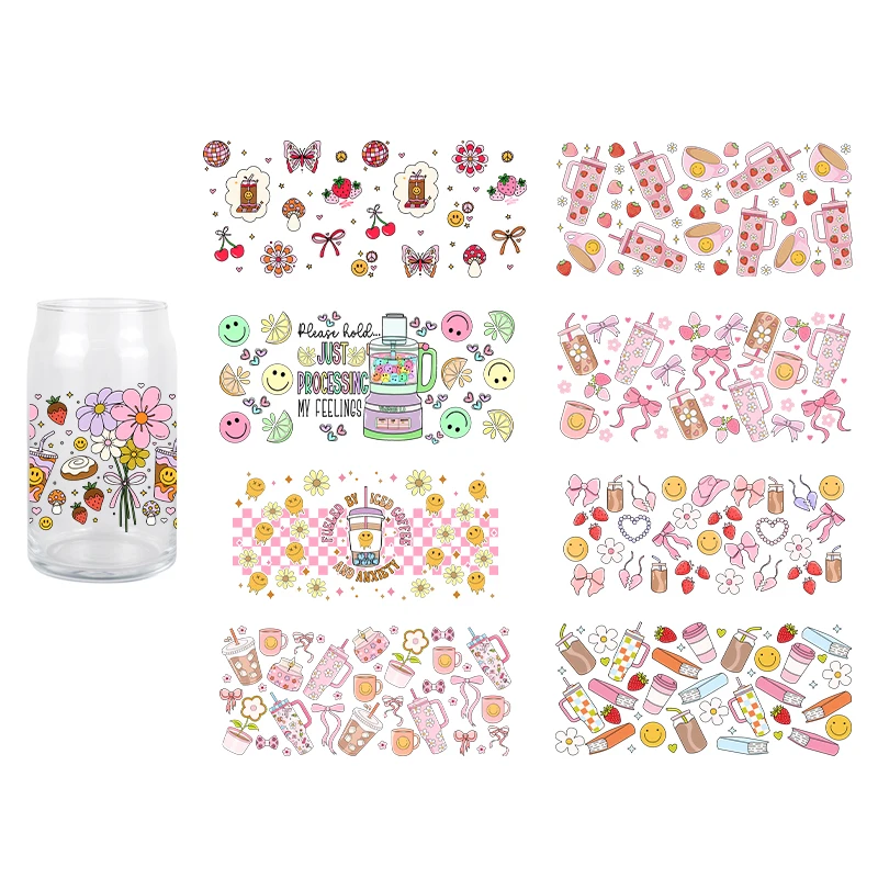 

Cartoon 16OZ UV DTF Cup Wraps Cup Patter Smile Transfer Sticker For Glass Libbey Can Bottle Selfadhesive Washable DIY Custom