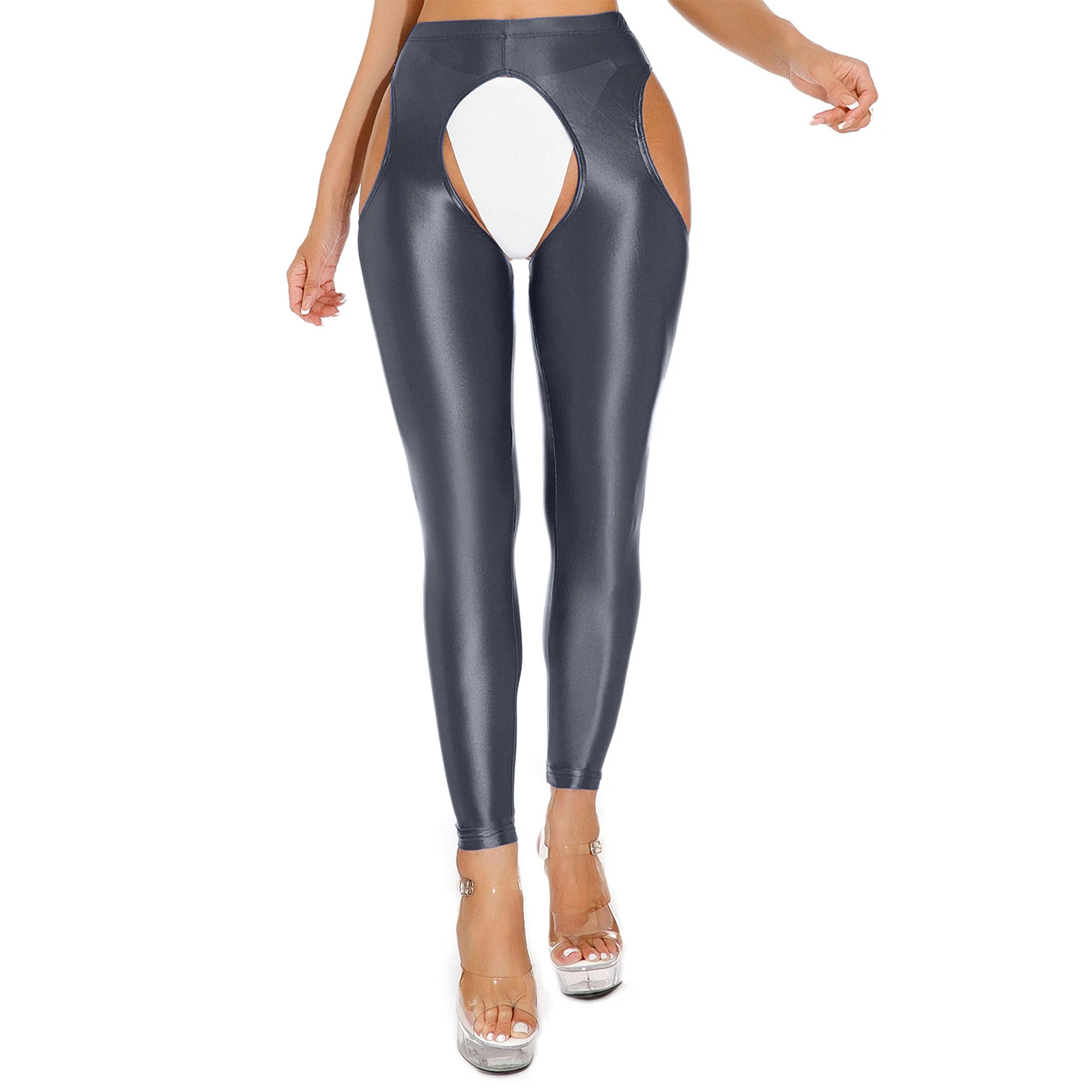 Women Spandex Cutout Leggings Trousers Glossy High Waist Tights Compression Pants Hollow Out Open Crotch Skinny Tights Underwear