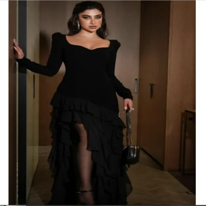 

Customized Black Multi-Layered Side Slit robes de soirée Velvet Long Sleeves Elegant Party Dresses Floor-Length Prom Dress 2025