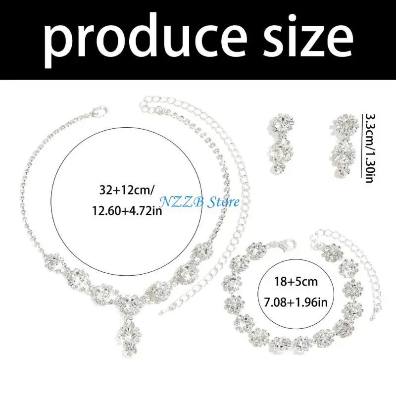 T21F Elegant Women Rhinestones Floral Earrings Necklace and Bracelet Set Comfortable Wear Rhinestones Texture for Various Uses