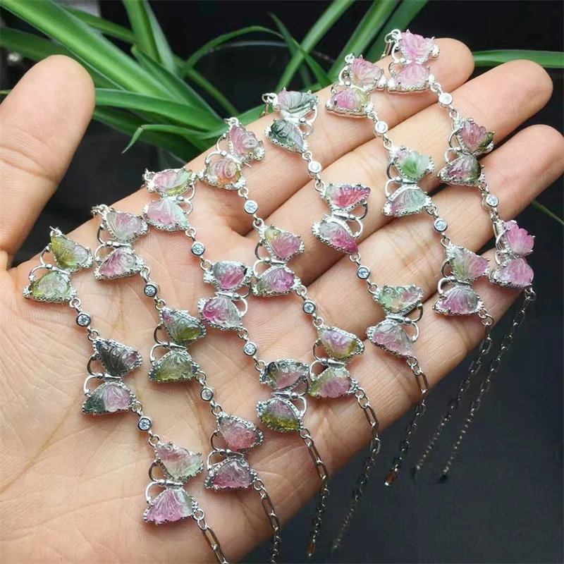 S925 Natural Watermelon Tourmaline Butterfly Bracelet Healing Crystal Gemstone Jewelry For Woman Man Fengshui Christmas Gift