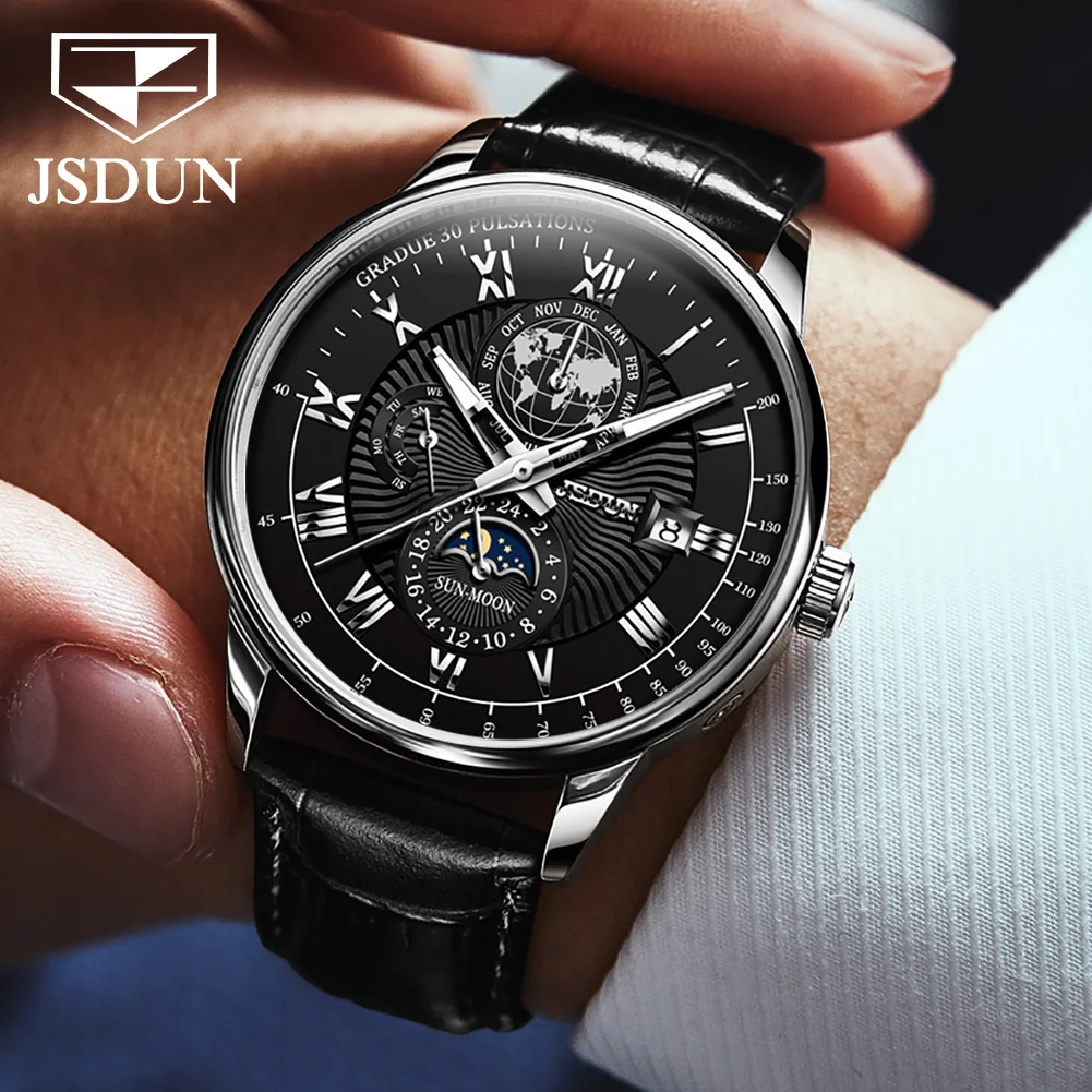 JSDUN Original Leather Strap Automatic Mechanical Watch for Men Best Selling Multifunction Fashion Business Men's Wrist Watches