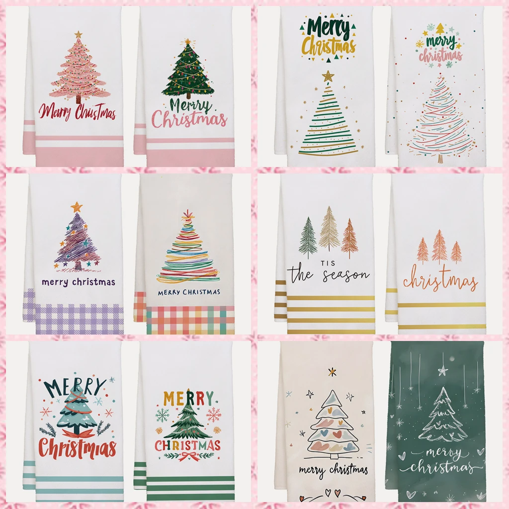 2pcs 40x60cm Christmas Tree Series DishCloth Tea Towel Kitchen Dishcloth Grid Christmas Wash Towels Merry Christmas