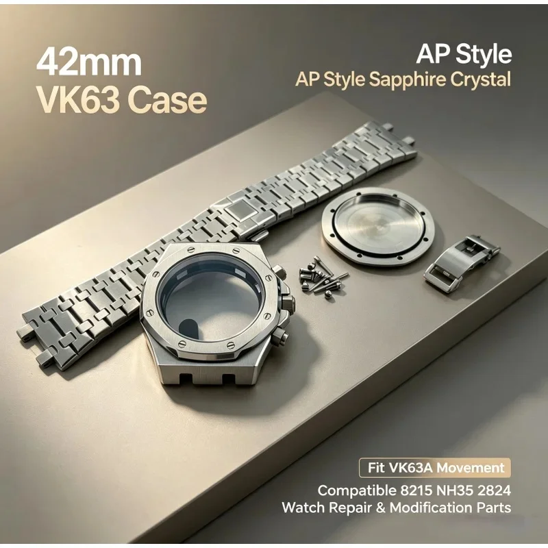 42mm AP Style Watch Case Sapphire Crystal Stainless Steel Case Fit VK63 Movement Watch Repair Modification Parts  6 Hands