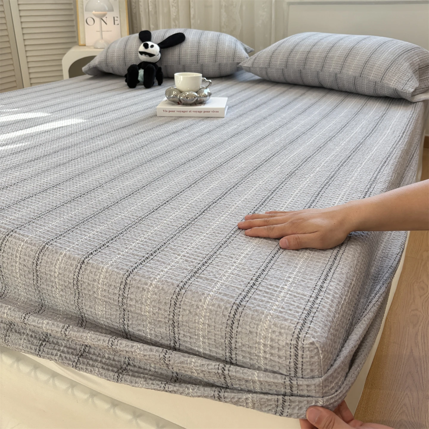 

3PCS Waffle Striped Bed Sheets Set Cotton Fitted Sheet Bedspread With Elastic Band Mattress Cover Double Bed Sheet ChristmasGift