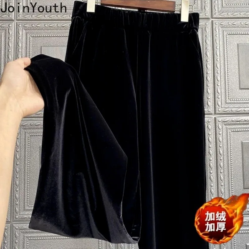 Korean Wide Leg Pants for Women High Waist Tunic Loose Trousers 2023 New Bottoms Vintage Straight Velvet Black Pantalon Femme