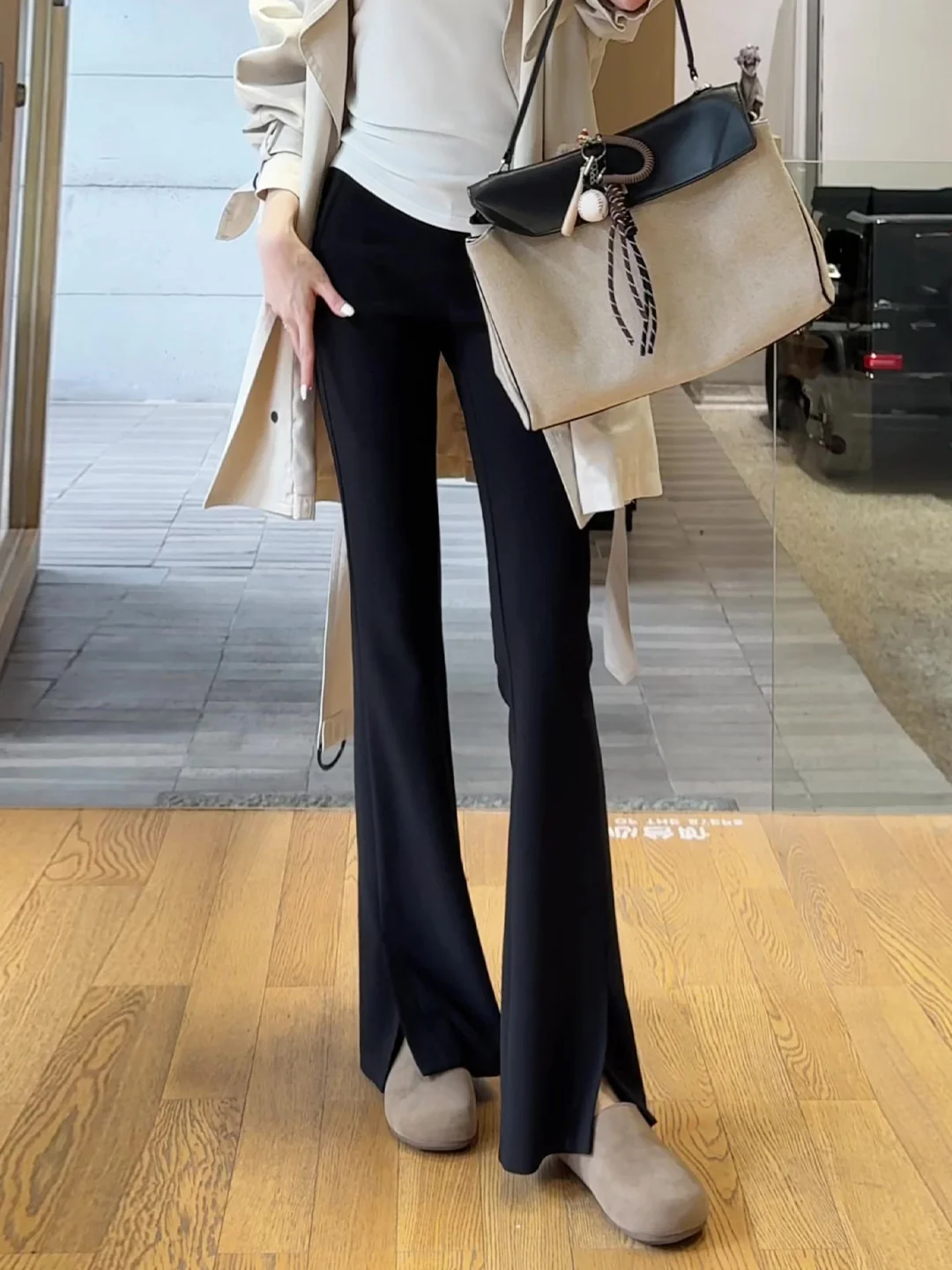 Black High Waist Slit Flared Pants Women's Commute Style Slimming Trousers Autumn 2026 New Simple Fashion plus Size Pants