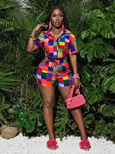 Color Block Crop Shirt & Shorts Set for Summer Vacation, Drop Shoulder with Drawstring Waist